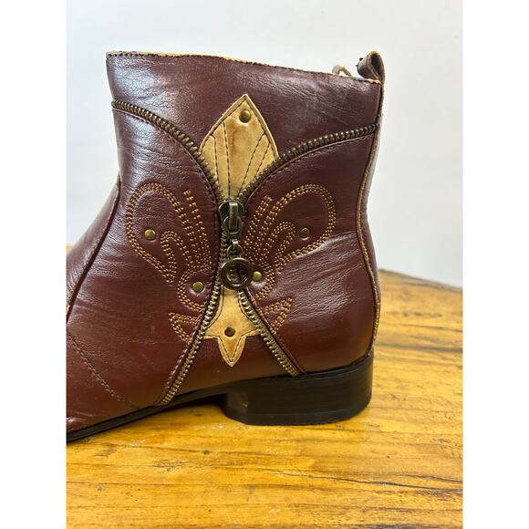 Delli Aldo Square Toe Size 8 Cognac Brown Zip Embroidered Country Boots - Picture 3 of 6